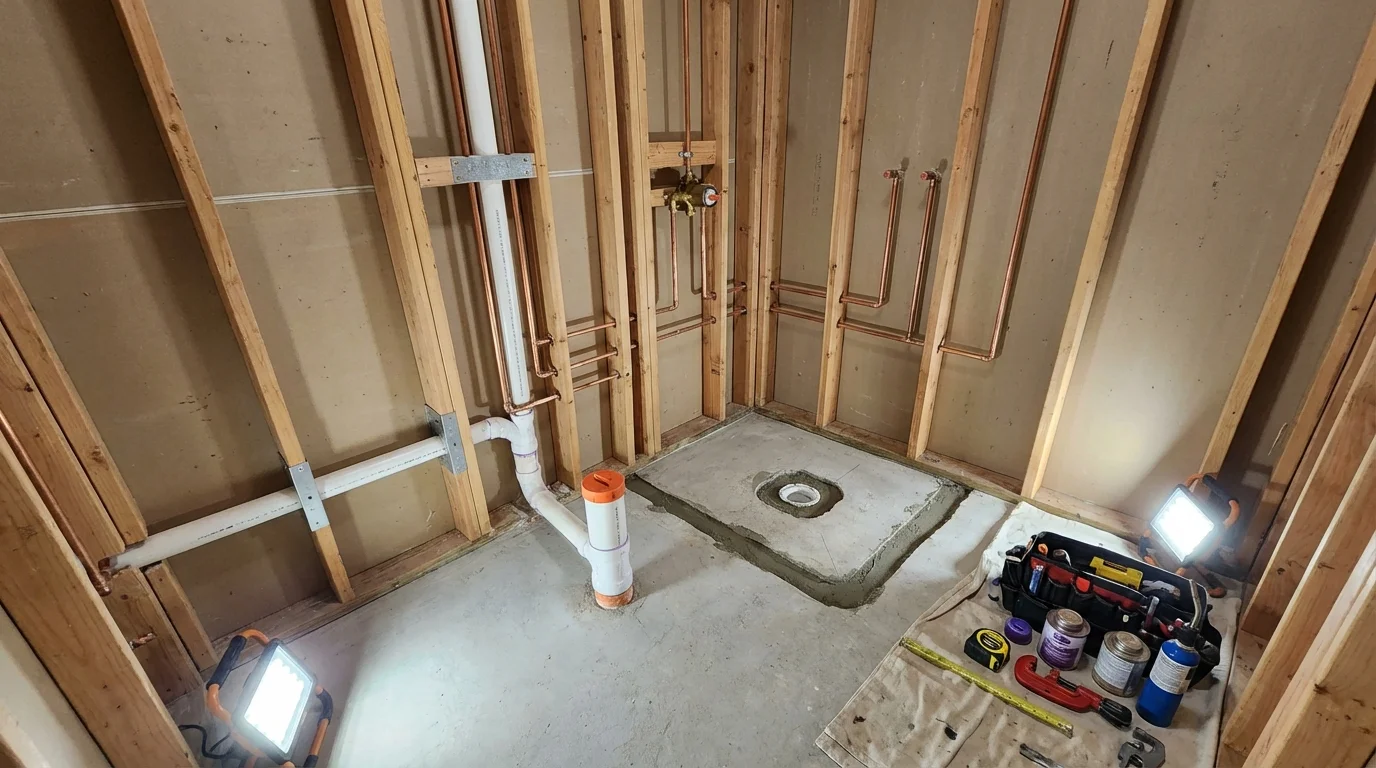 Bathroom rough-in plumbing during remodel by Johns Plumbing LLC in Pacifica