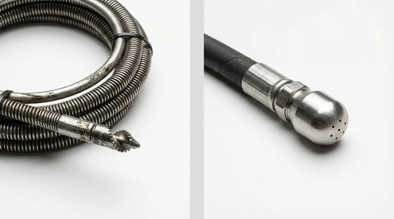 Drain snake cable and hydro jetting nozzle used for drain cleaning in Pacifica, CA