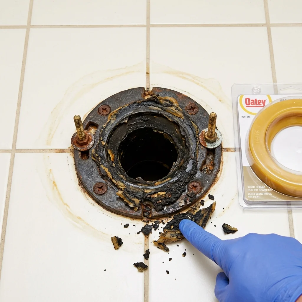 Failed wax ring showing water seepage at the base of a toilet in a Pacifica, CA home